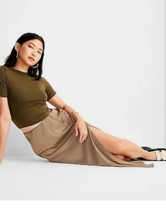 a new day Dresses & Skirts - A New Day Brown Satin Midi Skirt Front Slit Elastic Waist Size Large L